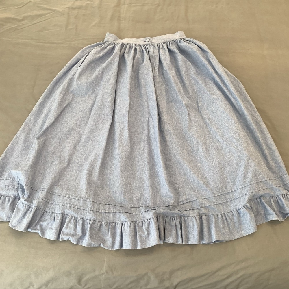 Vintage Laura Ashley Skirt Womens 12 Blue Chambray A-Line Midi Ruffle Pockets